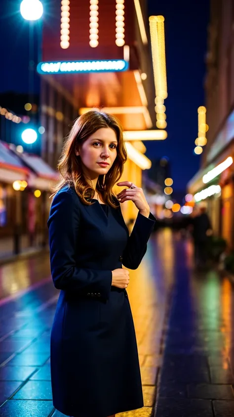 color photography of 40 years old (Polish woman:1.3), elegant, (in city promenade:1.3), at night, flat lighting, (soft saturation:1.2), analog style,