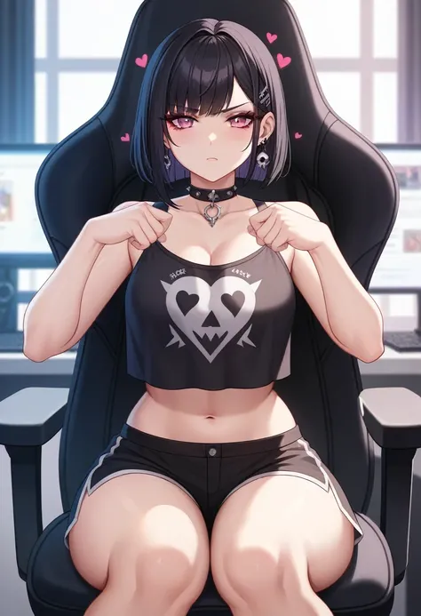 Adult, Female, Black hair, pink eyes, goth girl, gothic aesthetic, goth clothing, goth make up, thick thighs, medium chest, annoyed, disgruntled, sitting in gaming chair, gt racing chair, bedroom, gothic bedroom, aesthetic bedroom, Masterpiece, Accurate, A...