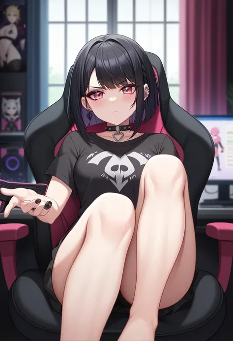 Adult, Female, Black hair, pink eyes, goth girl, gothic aesthetic, goth clothing, goth make up, thick thighs, medium chest, annoyed, disgruntled, sitting in gaming chair, gt racing chair, bedroom, gothic bedroom, aesthetic bedroom, Masterpiece, Accurate, A...