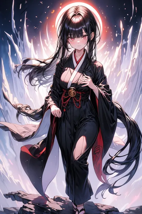 Shizune from Naruto fair slender women average height and slender build with very big   onyx eyes and jet-black hair; her hair is straight shirt reaching only her neck with bangs that cover her ears and frame her face, wearing long bluish-black kimono with...