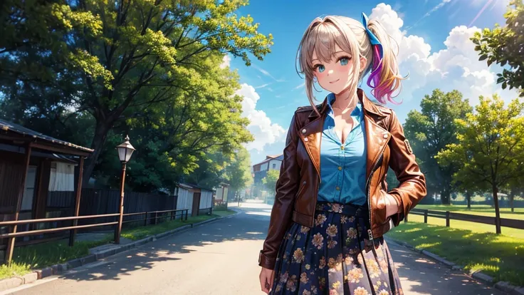 1girl, solo, full body, summer, village, trees, sun, clouds, ((colorful hair)), side ponytail, large breasts, ((brown leather jacket)), button down shirt, ((blue floral pattern shirt)), ((unbuttoned shirt)), unbuttoning buttons, cleavage 1:3, green eyes, g...