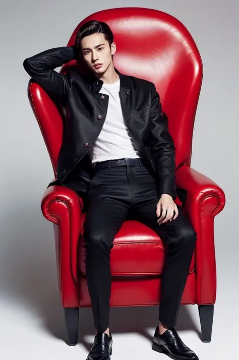 26 year old slim brunette man in a red armchair in a black jacket and black shoes white background 