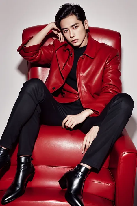 26 year old slim brunette man in a red armchair in a black jacket and black shoes white background 