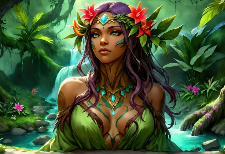  a picture of a druid in her jungle cove, an exotic, most beautiful human druid, priest of nature, warden of the wild of the jungle, (full body: 1.5), ((anatomically correct: 1.5)) long hair, wild hair, dynamic hair color, flowers and leaves in her hair, w...