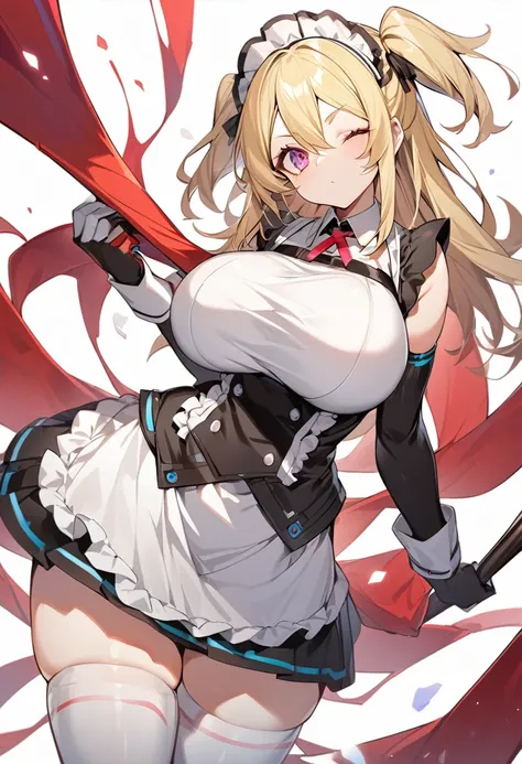 (One girl)、(medium length hair)、(sidelock)、((Blonde))、(slan eyes)、（boyish）、cute、(Big super breasts)、((Chubby))、Maid、No sleeve、mini skirt、White sleeveless、thigh-high socks thighhighs、(long gloves)、hairs between eyes、(coarse hair)、[flipped hair]、pink eye、exp...