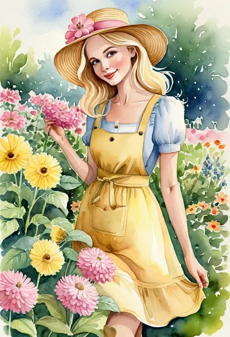 better quality. watercolor illustration, cartoon style, of a graceful Russian woman tending a flower garden in soft tones, straw hat, wavy blonde hair, yellow dress complemented by a pink apron with buttons, sandals on her feet, big brown eyes looking tend...