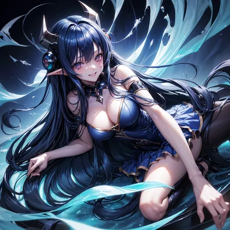 ((best qualityer)),((sorriso dark))((blue long hair)), ((4K)), ((beautiful anime girl and an evil blue aura coming out of her body)), ((anime styling)), bottom currents, Terror, dark, horror movie, darkness 