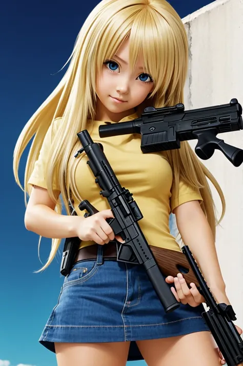 Cartoon anime girl blonde hair with a gun