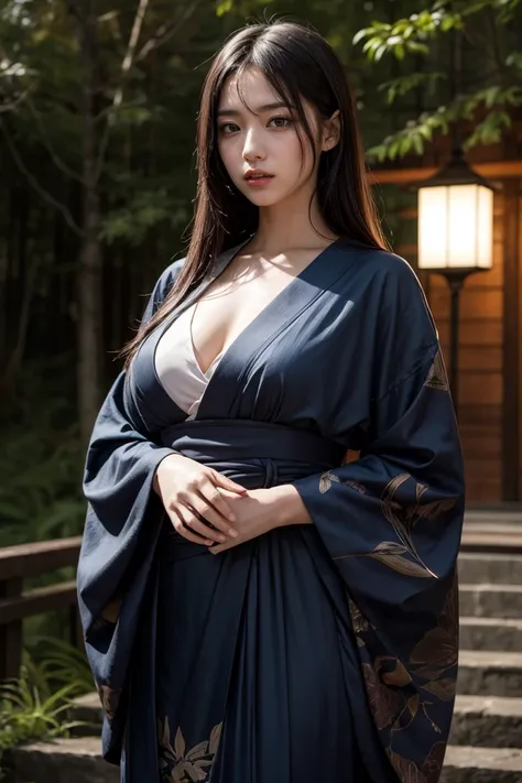 Seductive and mysterious girl with long black hair, Dress in traditional Japan costumes, Standing in the moonlit forest. This illustration was inspired by the manga series character Ragawa Kiriko.。 "Akatsuki no Yona". The artwork is highly detailed and rea...