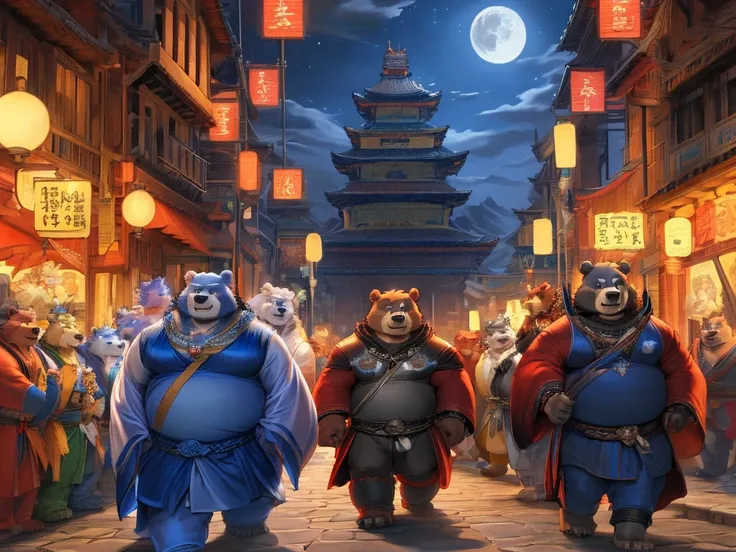 there are two bears standing in the middle of a street, anthropomorphic samurai bear, moon bear samurai, rob rey and kentarõ miura, ross tran and michael whelan, official concept art, rob rey and kentarõ miura style, black bear samurai, rob rey and kentaro...