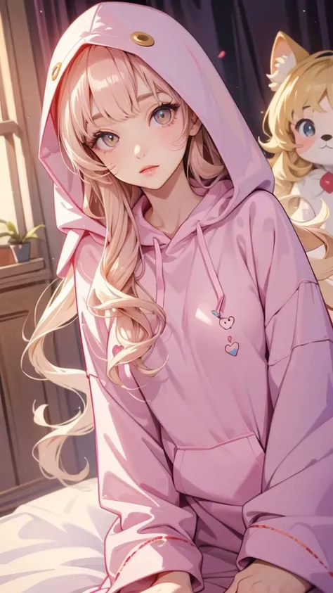 adult  woman, Age 22; long hair, pretty and pink, curly hair; light yellow eyes, angelic and beautiful face with flushed cheeks, rosto ultra detaild; (( wearing cute hooded kigurumi pajamas )); best qualityer, ultra detaild, best resolution, 4K, soft strok...