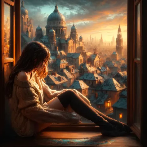 arafed woman sitting on a window sill looking out at a city, the girl on a windowsill, beautiful digital artwork, beautiful art uhd 4 k, by Alexander Kucharsky, 4k highly detailed digital art, inspired by Cyril Rolando, realistic digital art 4k, realistic ...