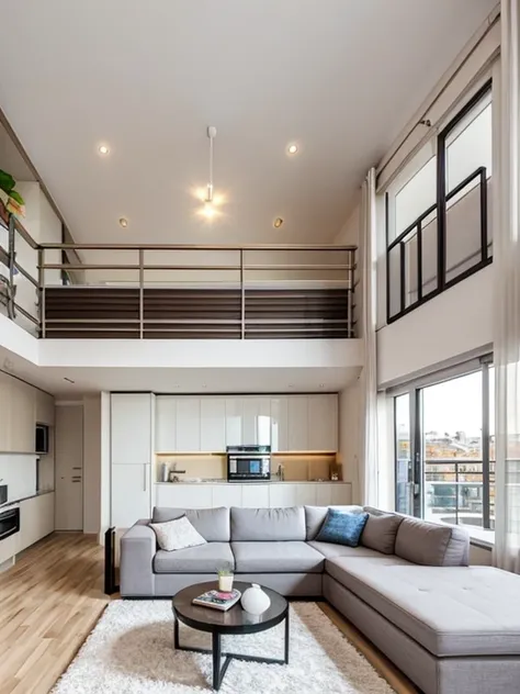 Two-level apartment with loft-style furniture in light colors 45m