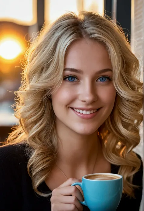 belle fille blonde platine portant un pull noir (sipping coffee in a modern cafe at sunset), very detailed, 21 ans, visage innocent, natural wavy hair, blue eye, high resolution, head of&#39;artwork, best quality, intricate details, very detailed, sharpnes...