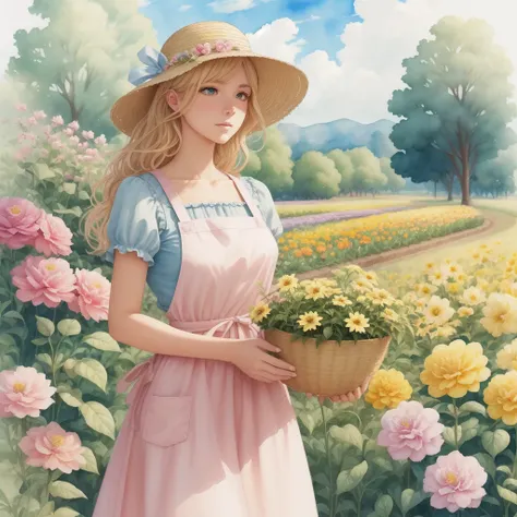 better quality. watercolor illustration, cartoon style, of a graceful Russian woman tending a flower garden in soft tones, straw hat, wavy blonde hair, yellow dress complemented by a pink apron with buttons, sandals on her feet, big brown eyes looking tend...