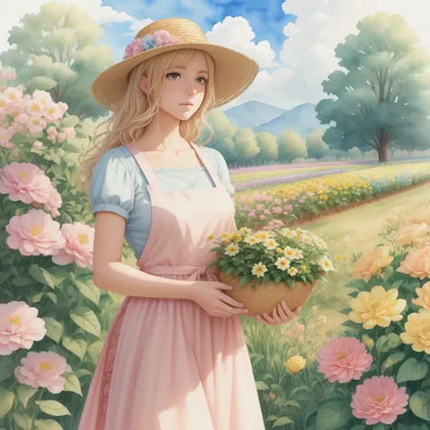 better quality. watercolor illustration, cartoon style, of a graceful Russian woman tending a flower garden in soft tones, straw hat, wavy blonde hair, yellow dress complemented by a pink apron with buttons, sandals on her feet, big brown eyes looking tend...