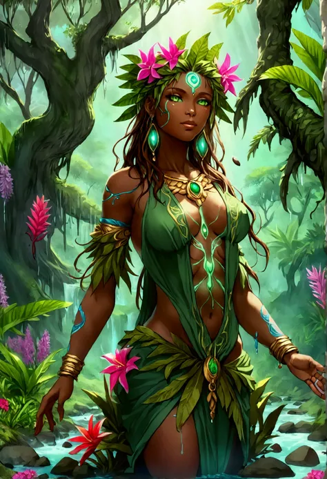 a picture of a druid in her jungle cove, an exotic, most beautiful human druid, priest of nature, warden of the wild of the jung...