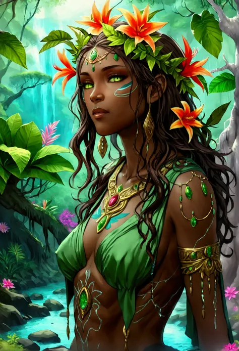  a picture of a druid in her jungle cove, an exotic, most beautiful human druid, priest of nature, warden of the wild of the jungle, full body, ((anatomically correct: 1.5)) long hair, wild hair, light green, flowers and leaves in her hair, wearing a (gree...