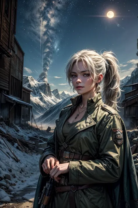 (masterpiece, best quality:1.2), cowboy shot, weissvale, smile, closed mouth,  looking at viewer, long white hair, side ponytail, scar above eye, scar below eye, white military uniform,  jewelry, necklace, earrings, standing with army in city ruins on hill...