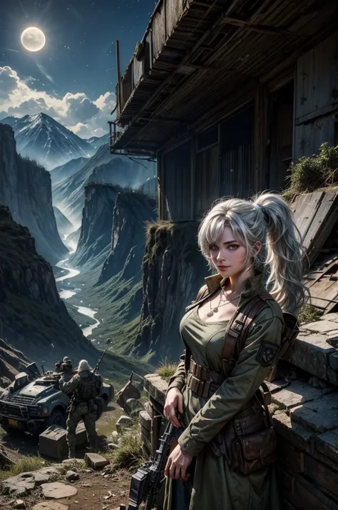 (masterpiece, best quality:1.2), cowboy shot, weissvale, smile, closed mouth,  looking at viewer, long white hair, side ponytail, scar above eye, scar below eye, white military uniform,  jewelry, necklace, earrings, standing with army in city ruins on hill...