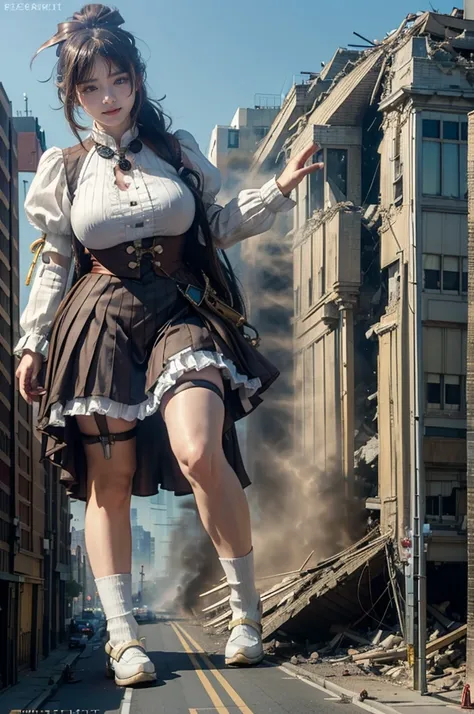 looking at the camera、steampunk、Standing on top of a ruined building、Big building explosion、The building collapses、Urban hustle and bustle、Traffic jam、City of Rubble、street tree、Car and bus、truck、taxi、City boulevard、Pedestrian bridge、Streetcar route((((Azu...