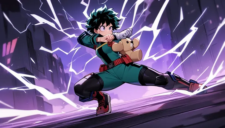 1 young girl, female focus, Midoriya Izuku, Bokuno Hero Academia, wound, electricity,, Masterpiece, best quality, very beautiful, nonsense,long hair,full body,purple eyes,stance,hug teddy bear,pink,