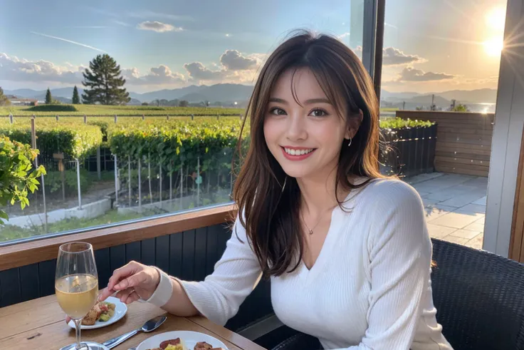 （Realistic:1.1）,(masterpiece,Highest quality)，8k,(44 years old), 42 years old, slimカップル、Model Couple、actress/actor、Tight waist,Upper Body,full-course dinner、wine 、Amazing view of the sunset sky and clouds、Perfect Anatomy, Brown Hair, short hair,Random Hair...