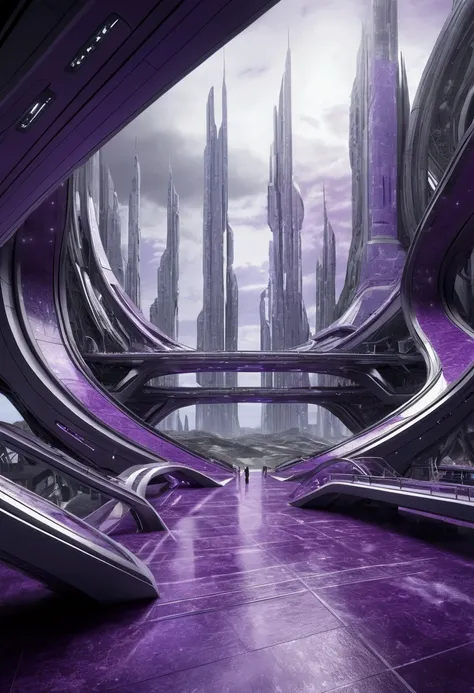 create a futuristic violet and grey world 100000 years, realist, High resolution HDR