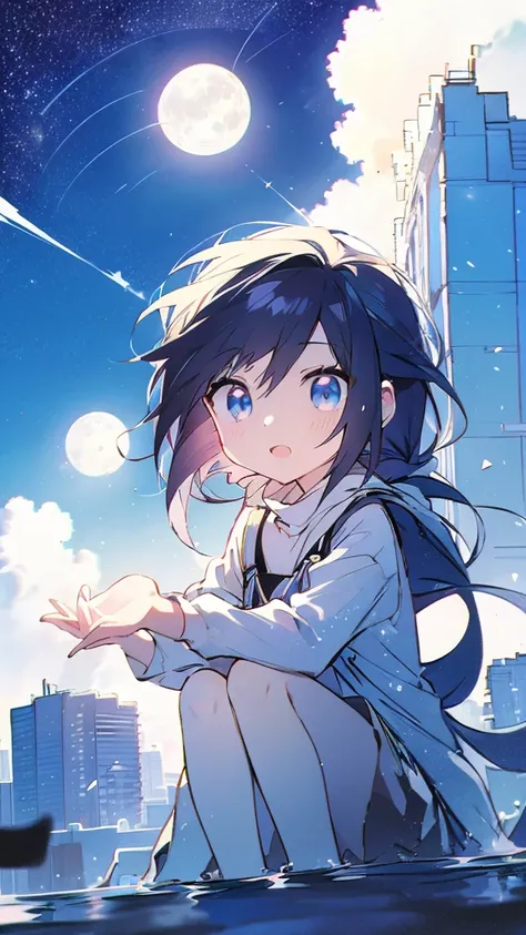 Seven-doppelganger shot，Anime style 4K,High quality anime art style，Standing painting，Splash ink background，Blue Themes、Pure white background,Buildings,Face close-up,Buildings,Moon and sun、Shining Star々,milky way,Bright Sky,Looking at me,Facing forward,Cle...