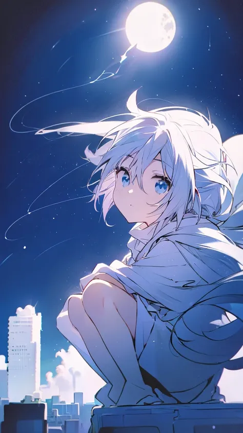 Seven-doppelganger shot，Anime style 4K,High quality anime art style，Standing painting，Splash ink background，Blue Themes、Pure white background,Buildings,Face close-up,Buildings,Moon and sun、Shining Star々,milky way,Bright Sky,Looking at me,Facing forward,Cle...