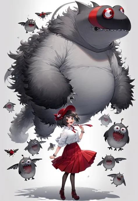 Very detailed、whole body、Short black hair、Wear a white button-up shirt、Wear a red pleated skirt、A fluffy, grey monster with a big mouth who flies through the air on a top.、Woman clinging to a monster