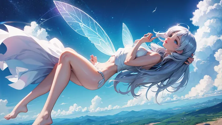 fairy girl , in the sky, siver hair,hight quality,4k