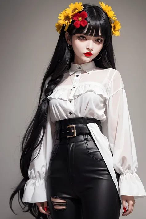 Character creator black hair long medium bangs flowers on the head white and yellow face outlined red lips with a mocking face black blouse black pants with belt skull details