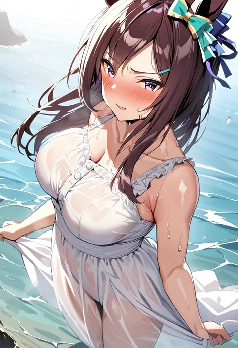 1 Girl,mejiro dober (umamusume),(umamusume),shiny skin,sweat,blush,large breasts,sundress,white dress,see-through,standing,full-body,water,sea,masterpiece,best quality,very aesthetic,mid,absurdres,