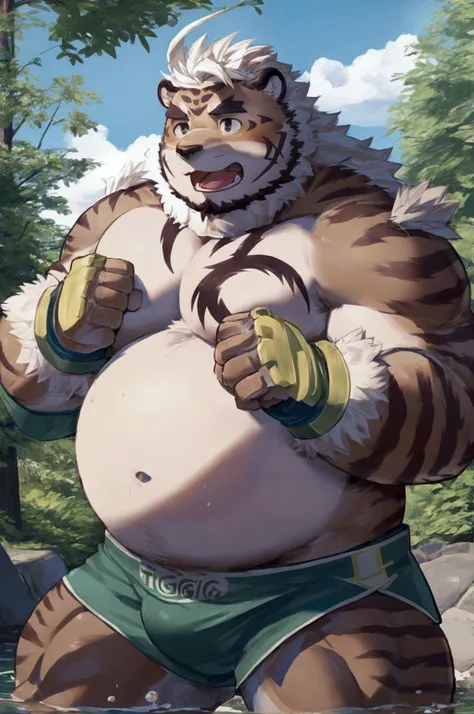 ((hombretigre: 1.3), solo, (soft shading), 4k, hi res, ((detailed face, detailed eyes, detailed)), (full body), by zackarry911, by zaush, muscular, muscular male, bara, (plump), pose, gray eyes, male focus, nipples, thighs, stomach, bare pectorals, big bel...