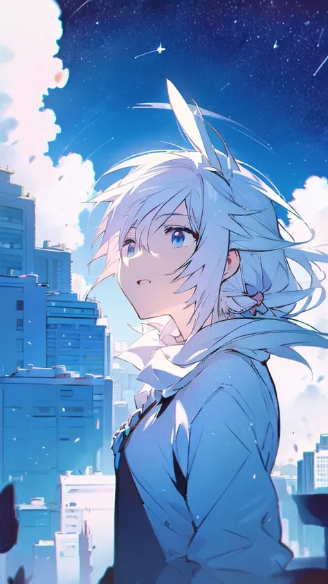 Seven-doppelganger shot，Anime style 4K,High quality anime art style，Standing painting，Splash ink background，Blue Themes、Pure white background,Buildings,Face close-up,Buildings,Moon and sun、Shining Star々,milky way,Bright Sky,Looking at me,Facing forward,Blu...