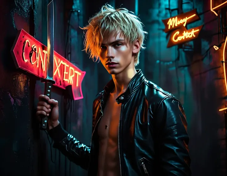 Photorealistic, dark vibes, solo, young man, forward facing, 22 years, pale skin, model (skinny:1.3), (short textured messy blond hair with fringe:1.5), (black leather jacket:1.3), holding knife, dark lighting, BDSM dungeon background, (1 solo neon sign th...