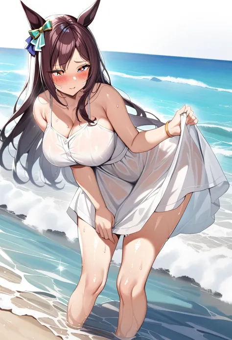 1 Girl,mejiro dober (umamusume),(umamusume),shiny skin,sweat,blush,large breasts,sundress,white dress,see-through,standing,full-body,water,sea,masterpiece,best quality,very aesthetic,mid,absurdres,