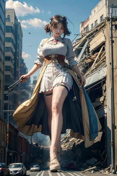 barefoot、looking at the camera、steampunk、Standing on top of a ruined building、Big building explosion、The building collapses、Urban hustle and bustle、Traffic jam、City of Rubble、street tree、Car and bus、truck、taxi、City boulevard、Pedestrian bridge、Streetcar rou...