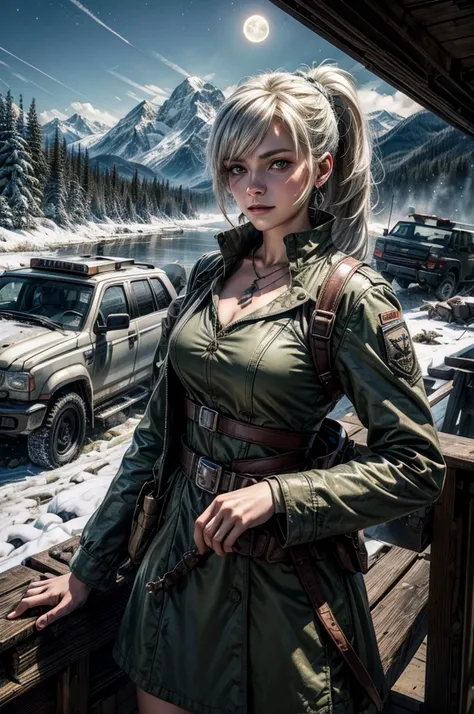 (masterpiece, best quality:1.2), cowboy shot, weissvale, smile, closed mouth,  looking at viewer, long white hair, side ponytail, scar above eye, scar below eye, army dress,  jewelry, necklace, earrings, standing with army in city ruins on hill, overlookin...