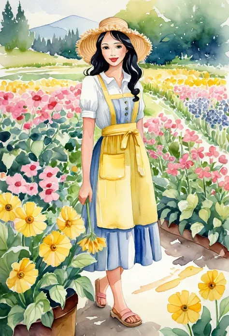 better quality. watercolor illustration, cartoon style, of a graceful Russian woman tending a flower garden in soft tones, straw hat, wavy black hair, yellow dress complemented by a pink apron with buttons, sandals on her feet, big brown eyes looking tende...