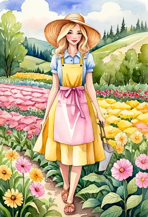 better quality. watercolor illustration, cartoon style, of a graceful Russian woman tending a flower garden in soft tones, straw hat, wavy blonde hair, yellow dress complemented by a pink apron with buttons, sandals on her feet, big brown eyes looking tend...