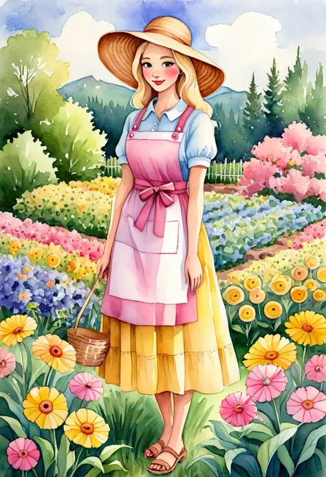 better quality. watercolor illustration, cartoon style, of a graceful Russian woman tending a flower garden in soft tones, straw hat, wavy blonde hair, yellow dress complemented by a pink apron with buttons, sandals on her feet, big brown eyes looking tend...