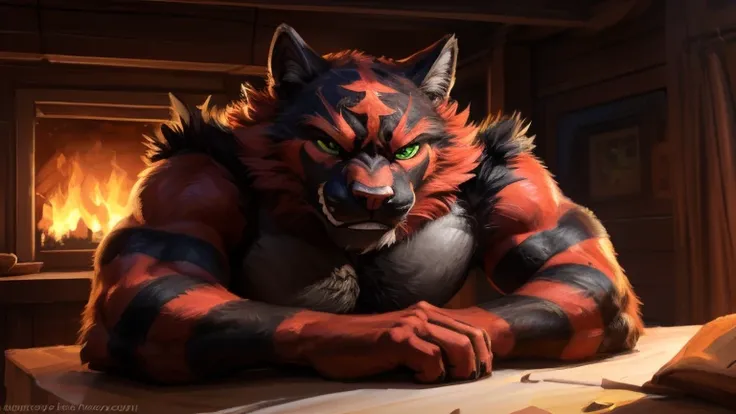 Male, (((solo))) character, incineroar, Male focus, 8k wuality, ultra realistic, 3d render, digital art, beautiful and detailed portrait of a Male incineroar, kenket, Ross Tran,ruan jia, uploaded to e621, zaush, foxovh, cenematic lighting, (((confident, se...