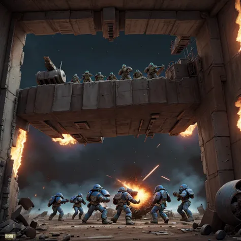 A highly detailed battle scene of space marines fighting against Orks on a war-torn world, cinematic angles, dramatic lighting, gritty textures, intricate machinery, explosions, sci-fi weapons, grim dark atmosphere, masterpiece, 8k, photorealistic, hyper d...