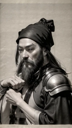 beard、(((Three Kingdoms Monochrome)))、(((Tying up hair、Wearing a black swimming cap、Young man in armour)))、（（Ancient Chinese man in armor））、（Ink Painting）、Highest quality、masterpiece、Ultra-high resolution、(Realistic:1.4)、Game Poster、王国の三人のbeard男,Oriental、A...