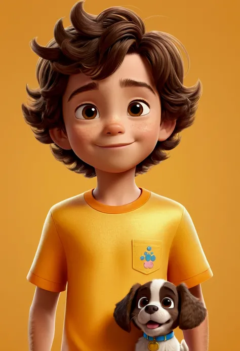 garoto glad cabelo castanho claro curto, skin fair, short sleeve orange shirt, looking at the puppy,  puppy all yellow, looking at the boy, dog with all yellow fur, glad, disney pixar style, 3d, animated cartoon, fluffly, shiny colors, details Intricate