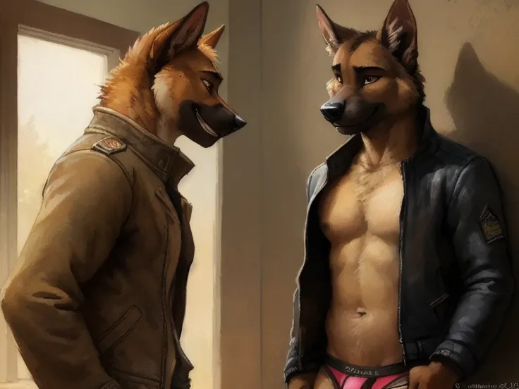 Masterpiece detailed portrait of a male anthro german shepherd, jacket open, underwear, underwear bulge, posted to e621, zaush, kenket, dramatic lighting, suggestive posing, sexy, seductive 1.3, seductive smile, suggestive grin