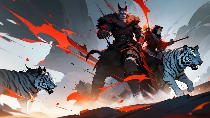 a heroic group of viking warriors wearing black and red clothes, a powerful white tiger on the right side, surrounded by fierce red wolves on the left side, an epic 3D illustration, extremely detailed, cinematic lighting, dramatic atmosphere, intricate det...