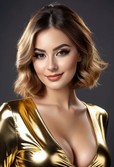 beautiful women of 20 years old with hyperrealistic big breasts in shiny golden jumpsuits, model shooting photography mugshot, classic bob dyed brown, dark eye makeup with eyeliner, seductive smile, 8k, best quality, head of&#39;artwork, ultra haute résolu...